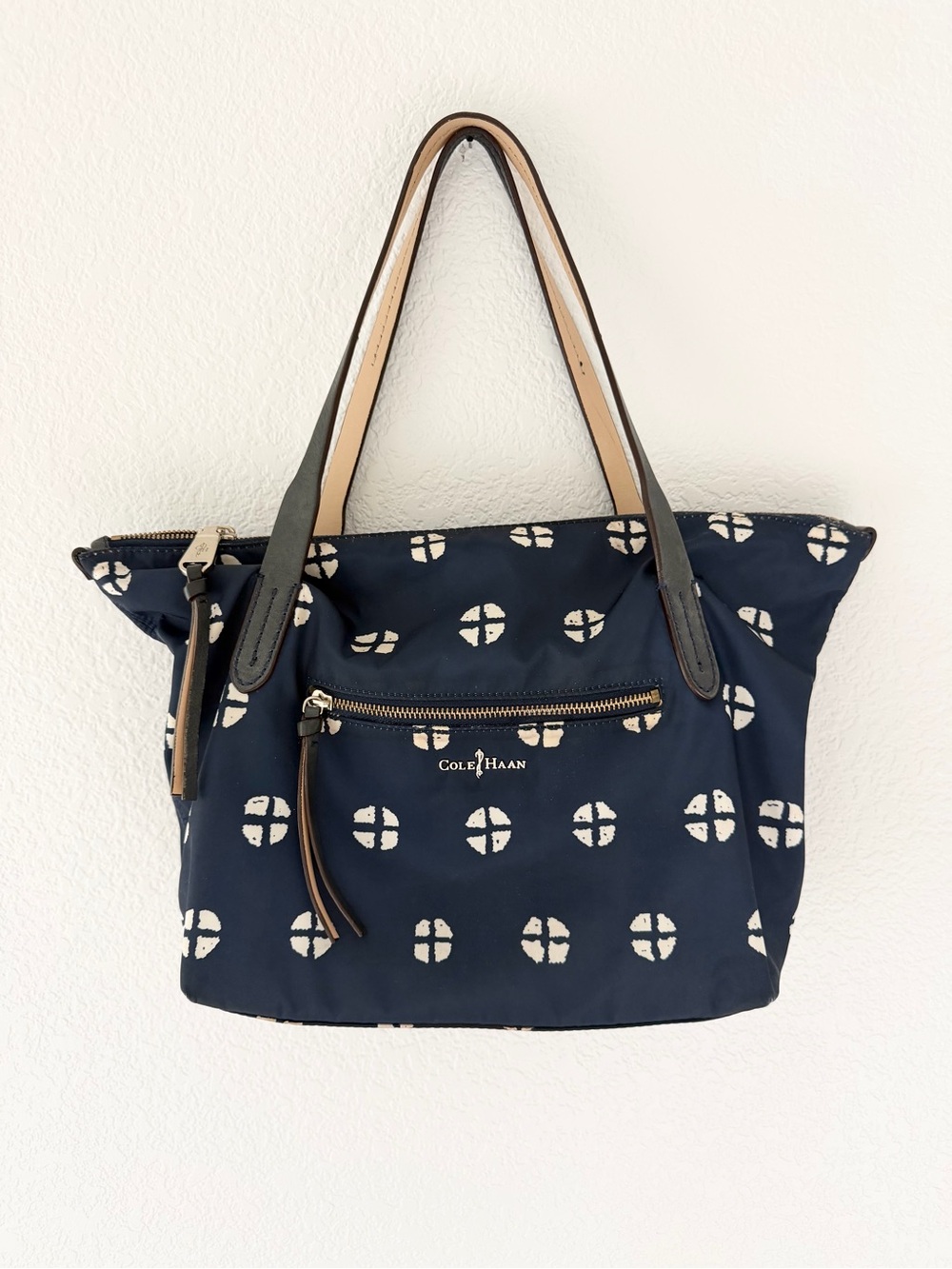 COLE HAAN Navy Patterned Tote Bag
